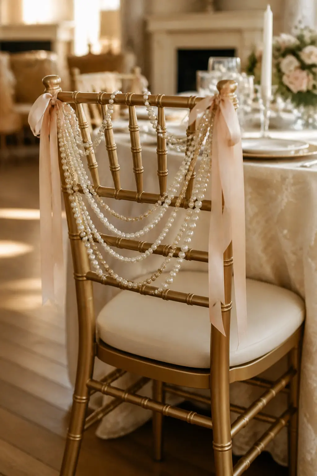 Pearl-Draped Chiavari Chair Back — Two or three strands of graduated pearl garland looped across the back of a gold chiavari chair, secured at each top corner