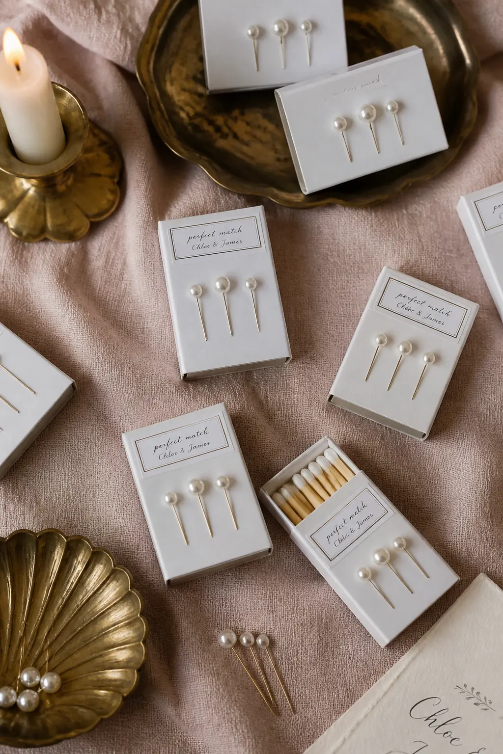 Pearl-Embellished Matchbox Favour — A plain white or kraft matchbox with three pearl-head pins pressed into the front face in a small cluster, a printed label
