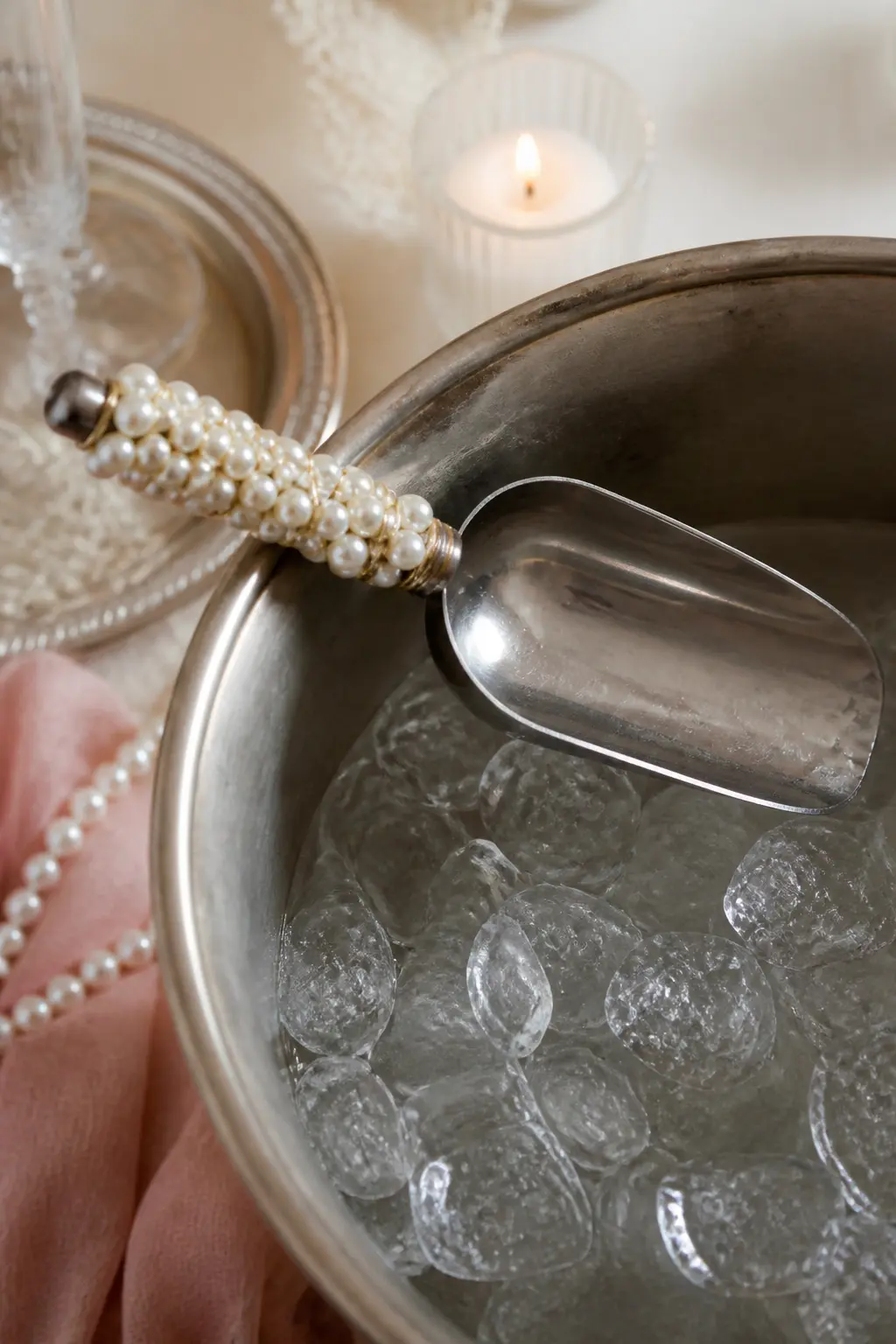 Pearl-Handled Bar Scoop — A plain stainless-steel ice scoop with the handle wrapped in pearl garland secured with fine gold wire. Pearl wedding decor