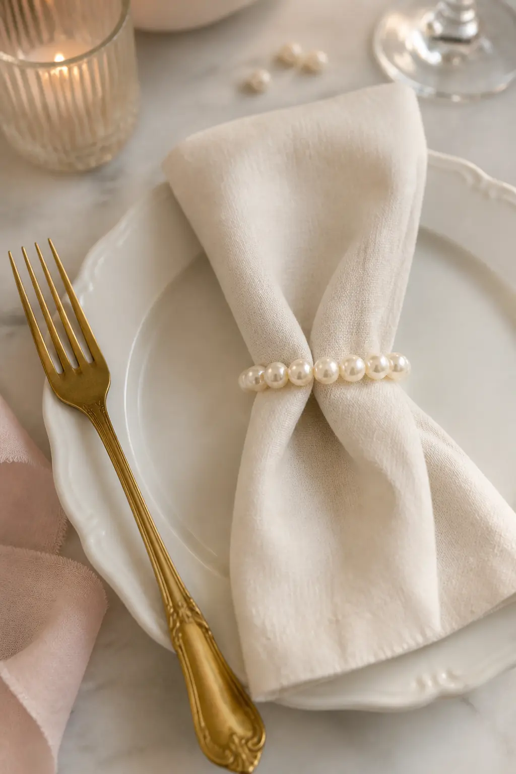 Pearl-Looped Napkin Ring — A linen napkin folded into a loose column and held with a single loop of pearl garland twisted once and tucked at the back. Pearl
