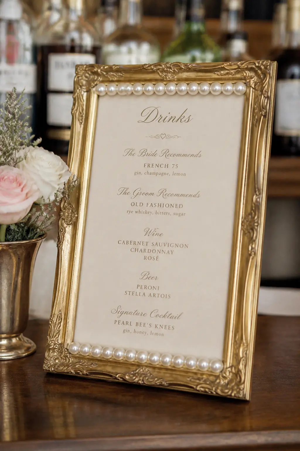 Pearl-Trimmed Drinks Menu Sign — A chalkboard or cream card drinks menu in a small gold frame on the bar, with a short row of pearl bead trim glued along the