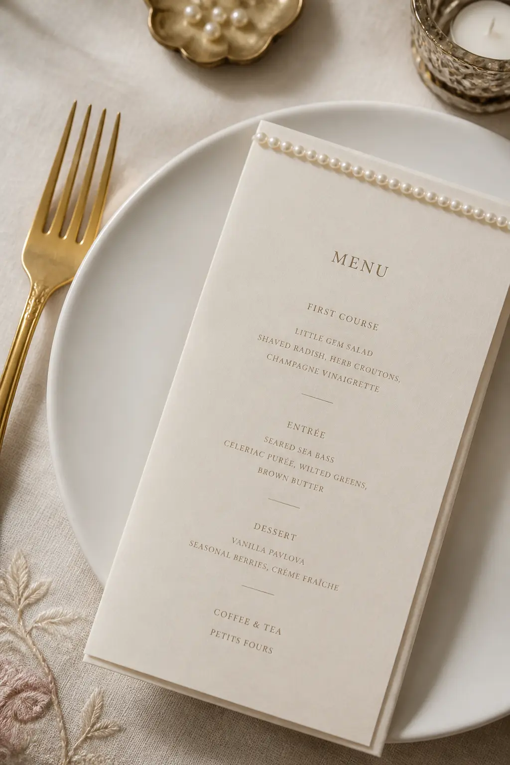Pearl-Trimmed Menu Card — A tent-folded cream menu card with a narrow strip of pearl bead trim glued along the top edge, using a glue pen rather than a brush