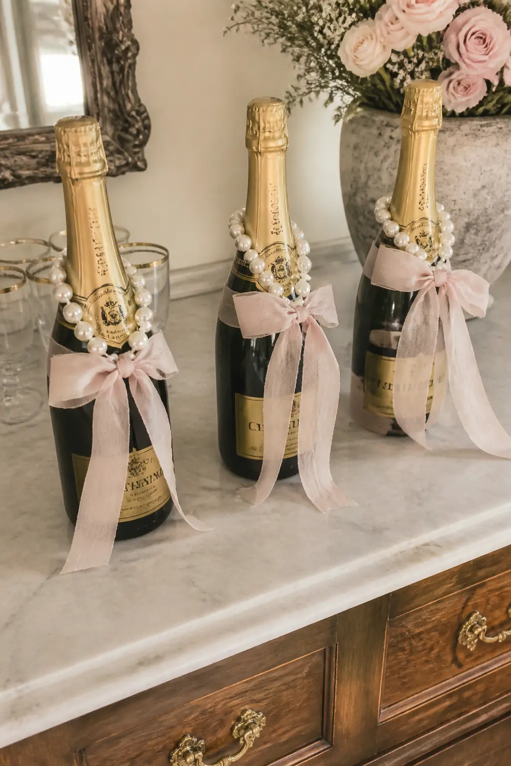 Pearl-Wrapped Bar Bottles — Champagne and prosecco bottles on the bar wrapped in a single strand of pearl garland, looped twice around the neck and secured