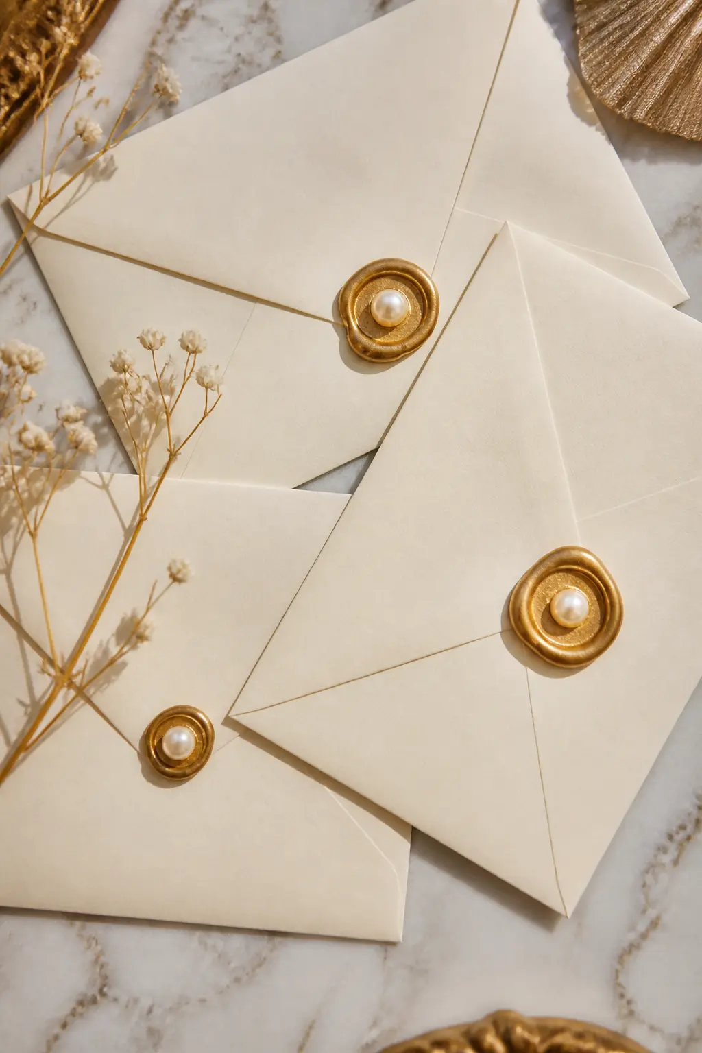 Wax Seal with Pearl Pressed In — A standard wax seal on the envelope flap with a single 6mm pearl bead pressed into the warm wax before it sets, centred in the