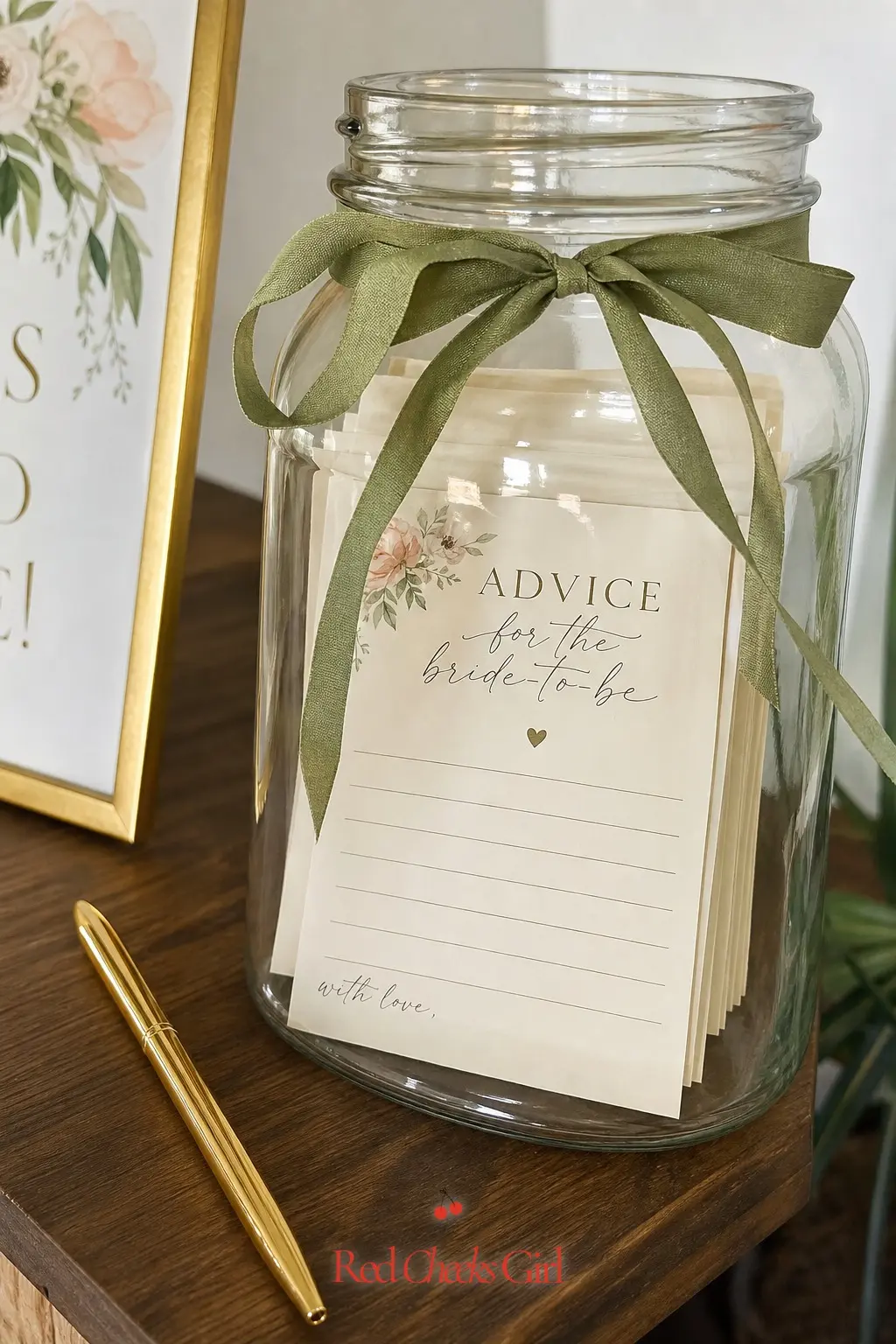 Advice Card Station — A glass jar, a small stack of blank cards and a pen set on a shelf ask guests to leave the bride a line of advice without anyone standing