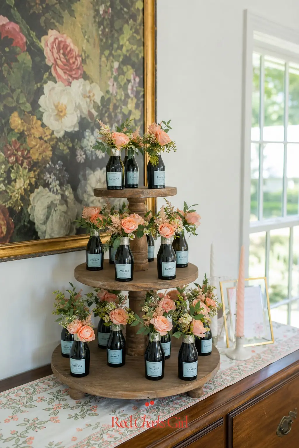 Floral Bottle Toppers Display — A tiered wooden stand, holding a handful of prosecco bottles each topped with a small floral bottle cap, turns the drinks