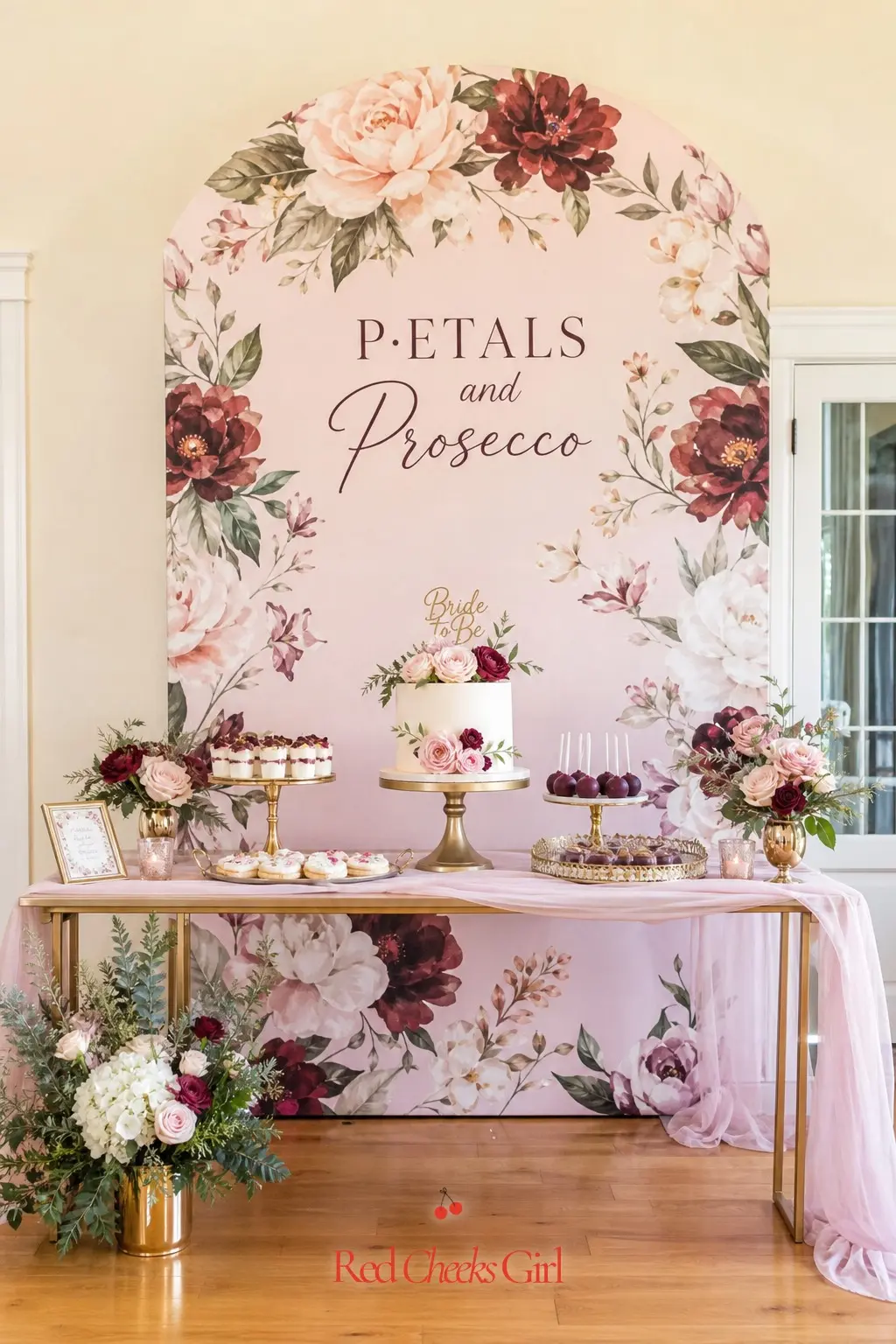 Floral Cake Table — A dedicated dessert table, backed by a floral-patterned panel and holding one main cake flanked by smaller sweets, keeps the sugar rush