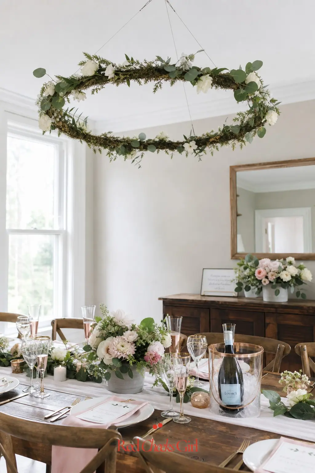 Floral Hoop Chandelier — A wire hoop, wound with white blooms and eucalyptus and hung low over the main table, gives a room height without a single balloon in