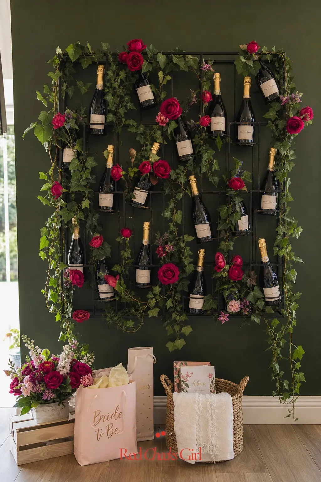 Floral Prosecco Bottle Wall — A slim wall-mounted wine rack, hung near the entrance and threaded with trailing greenery and deep rose blooms, turns the bottles
