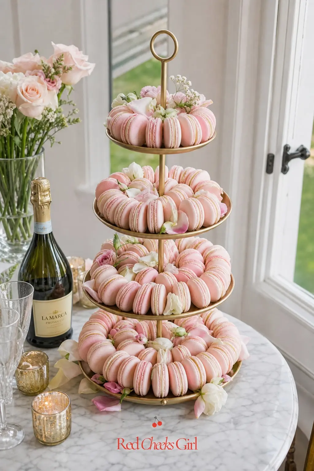 Petal Macaron Tower — A tiered stand of pastel macarons, tucked in among fresh petals at each level, gives guests a grab-and-go sweet without a knife or a