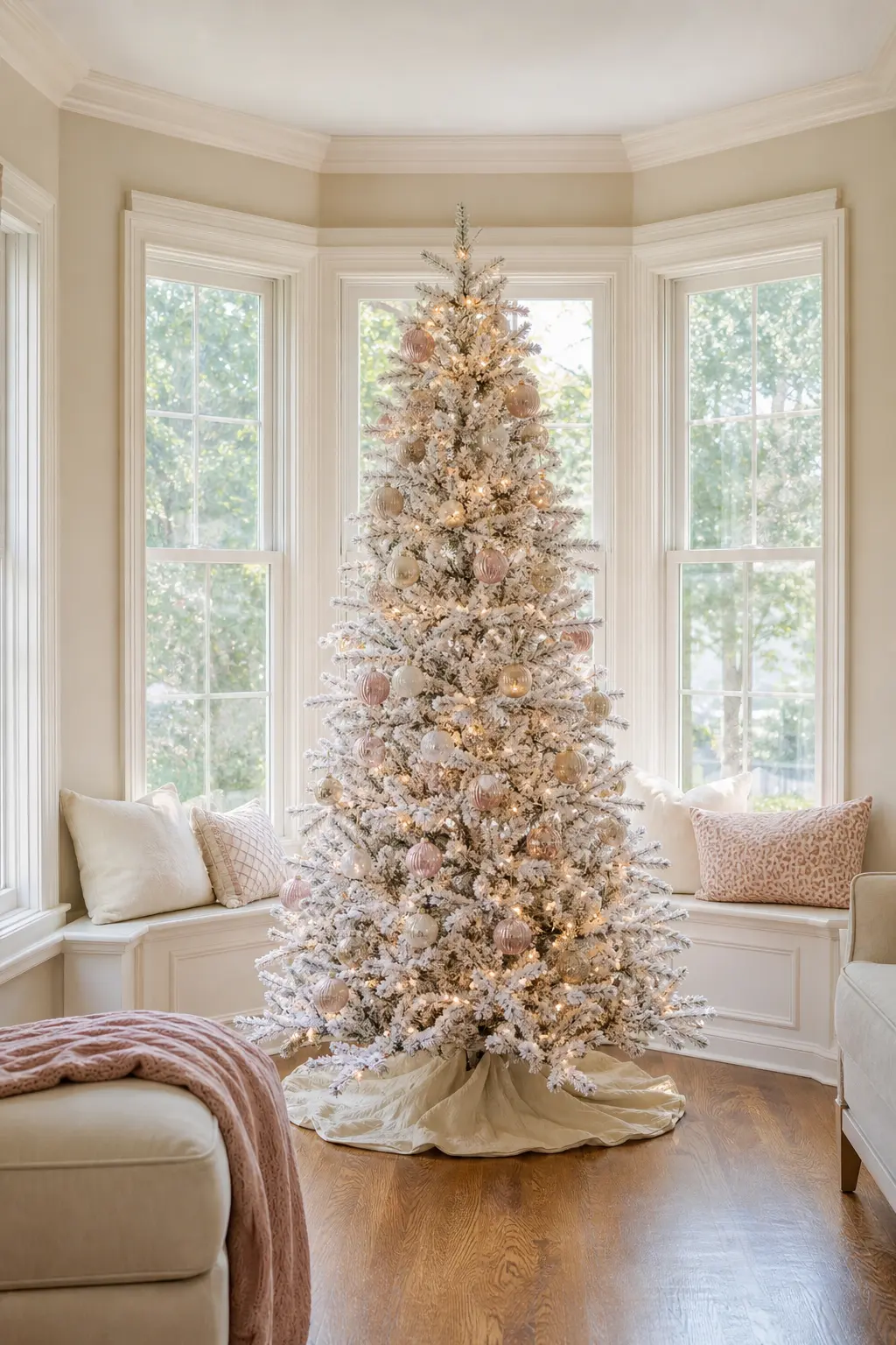 Blush Flocked Tree in a Bay Window