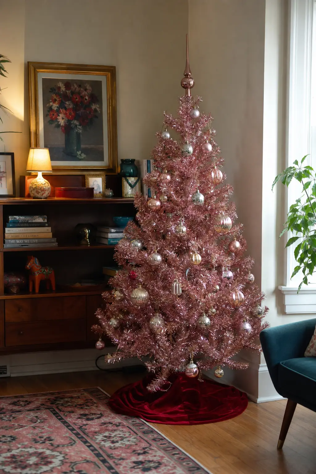 Pink Tinsel Revival Tree with Vintage Glass