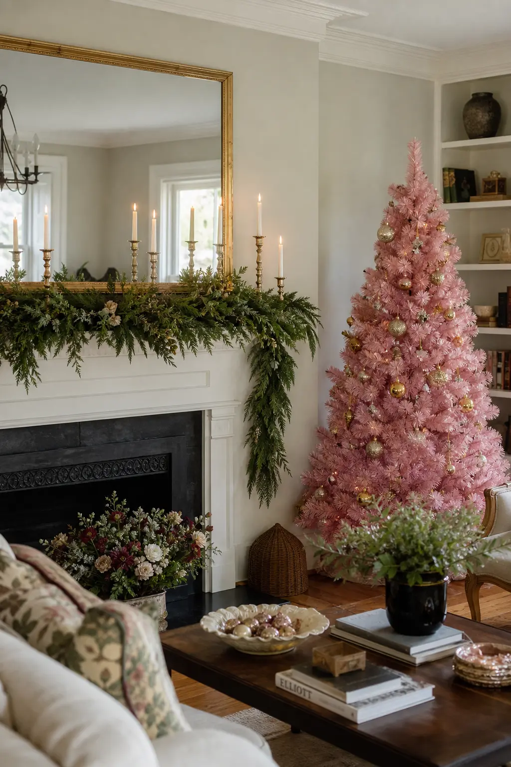 Pink Tree Behind a Green Garland Mantel