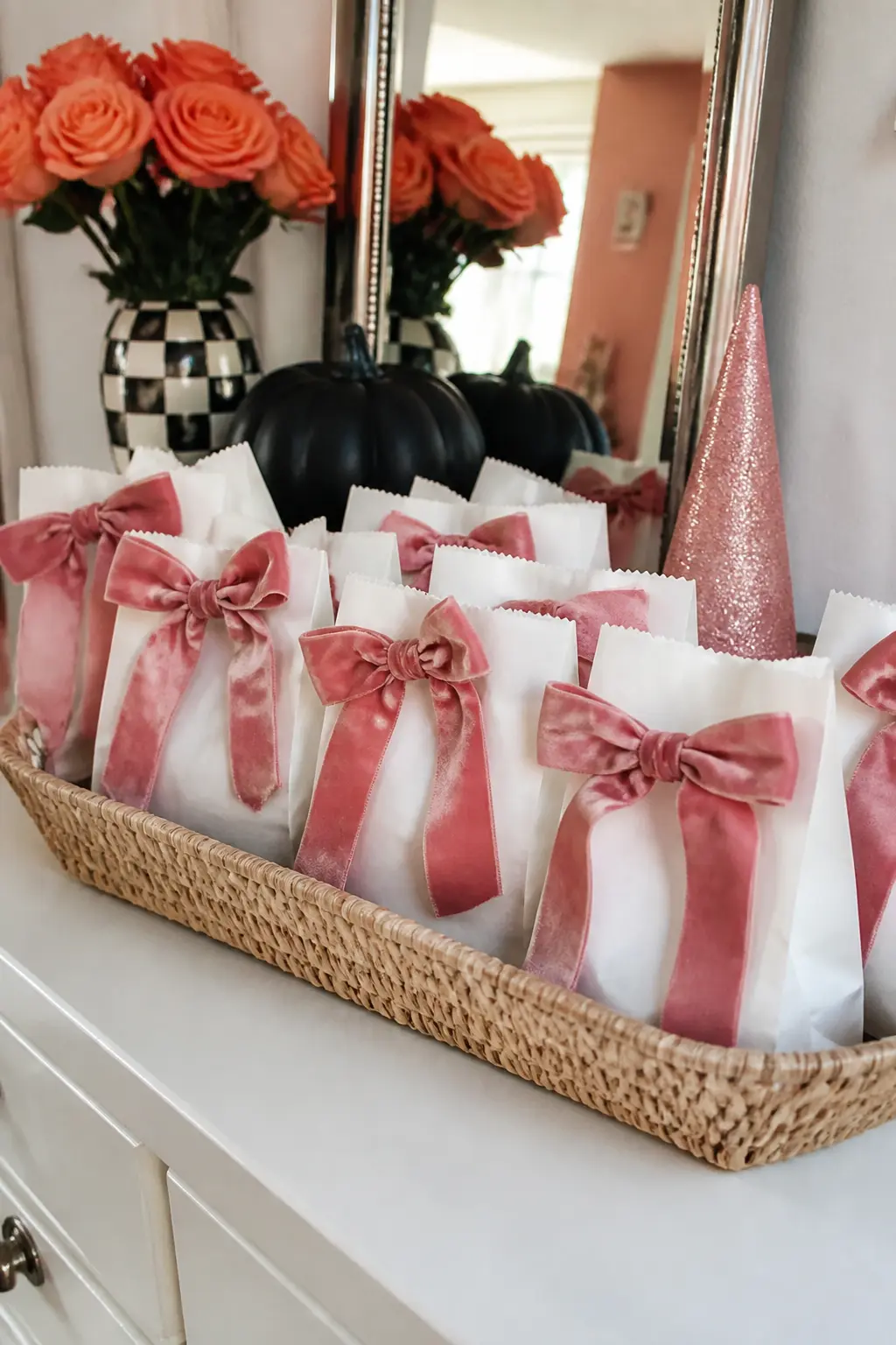 Blush Velvet Bow Favor Bags — Fill small white or blush kraft bags with two or three truffles, a matchbook and a lip balm, fold the top over and seal it with a