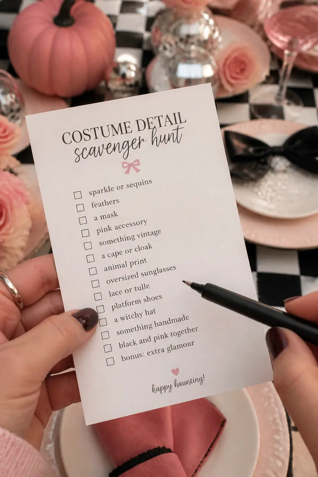 Costume Detail Scavenger Hunt — Hand each guest a printed card listing fifteen costume details to find on other guests: "someone wearing a bow," "someone in