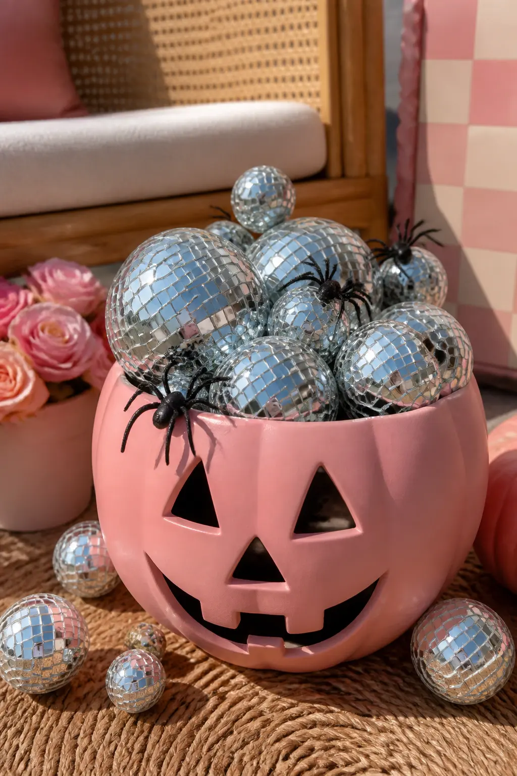 Disco Pumpkin Centrepiece — Paint a large ceramic or foam jack-o-lantern in matte dusty rose. Pink halloween