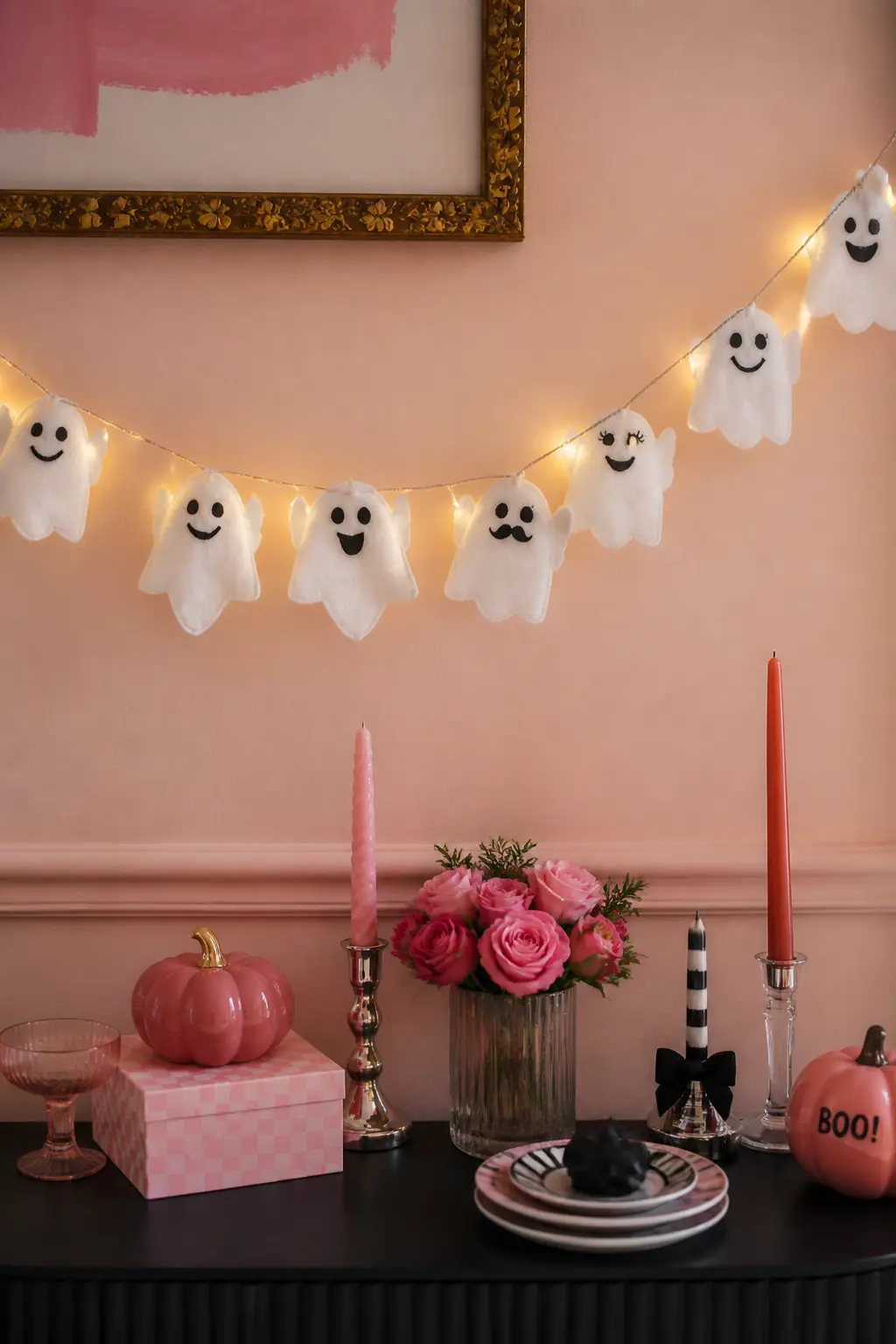 Ghost Garland with Fairy Lights — Cut ghost shapes from white felt, fold them in half and sew or glue a loop at the top so each one hangs flat. Pink halloween
