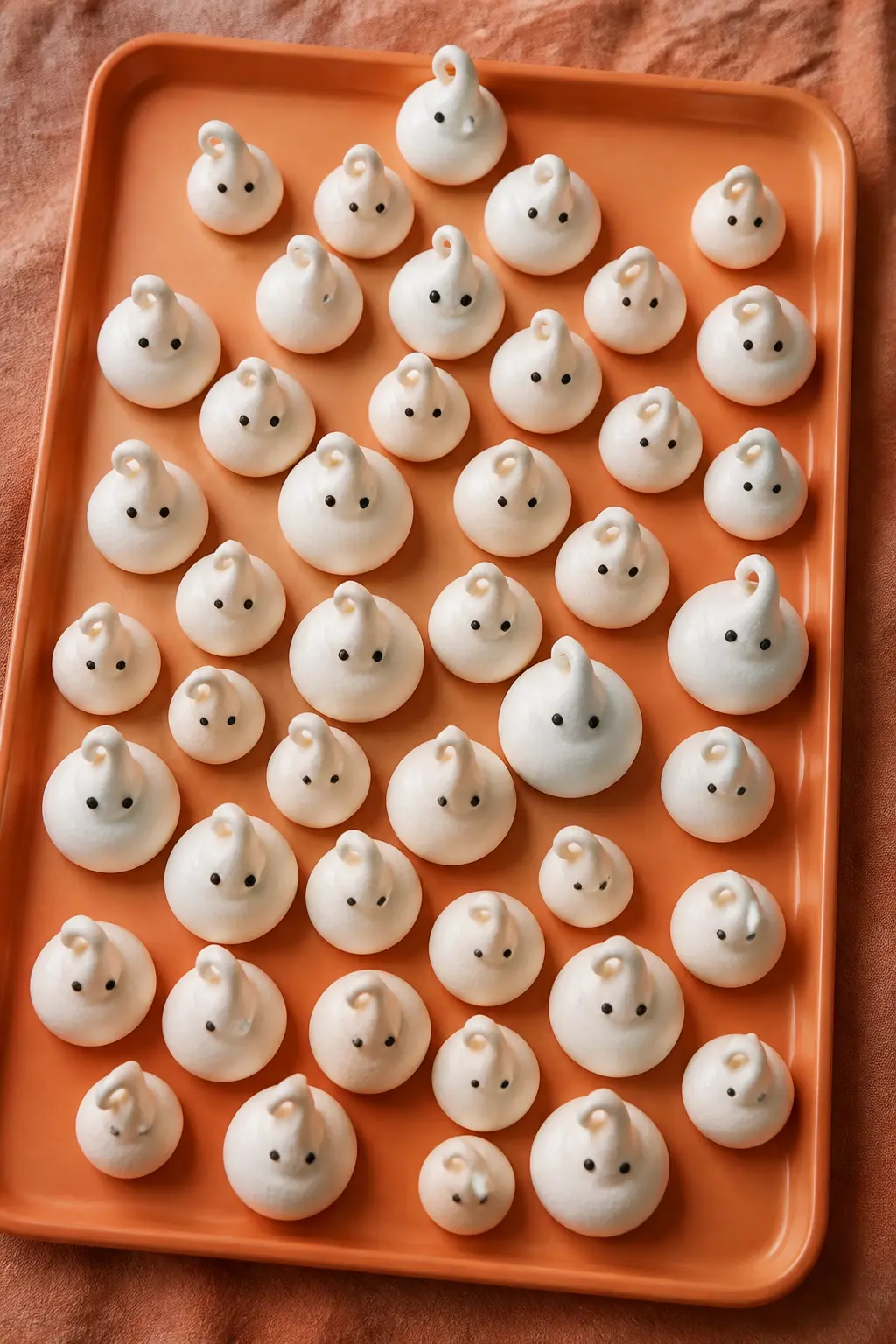 Ghost Meringue Kiss Tray — Pipe small meringue kisses onto baking paper, let them cool fully, then use a black edible pen to draw two dots for eyes on each