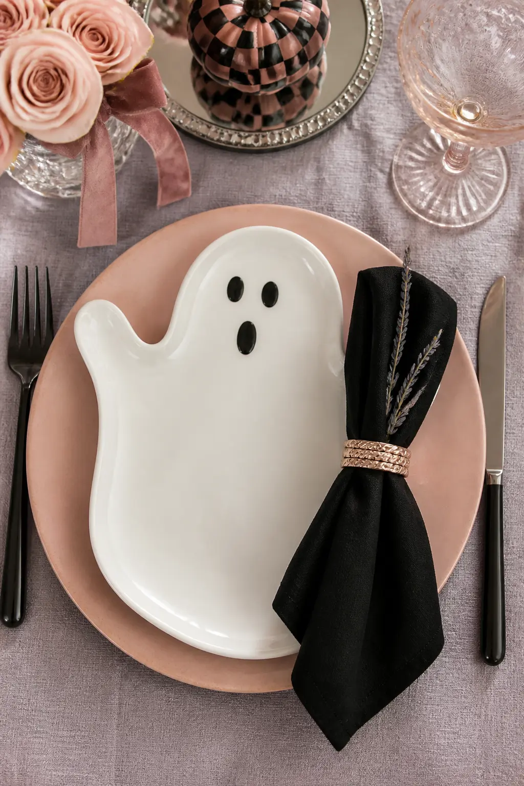 Ghost-Plate Place Setting — Ghost-shaped plates in white with sleepy or winking expressions exist at most Halloween retailers in this palette range now, and