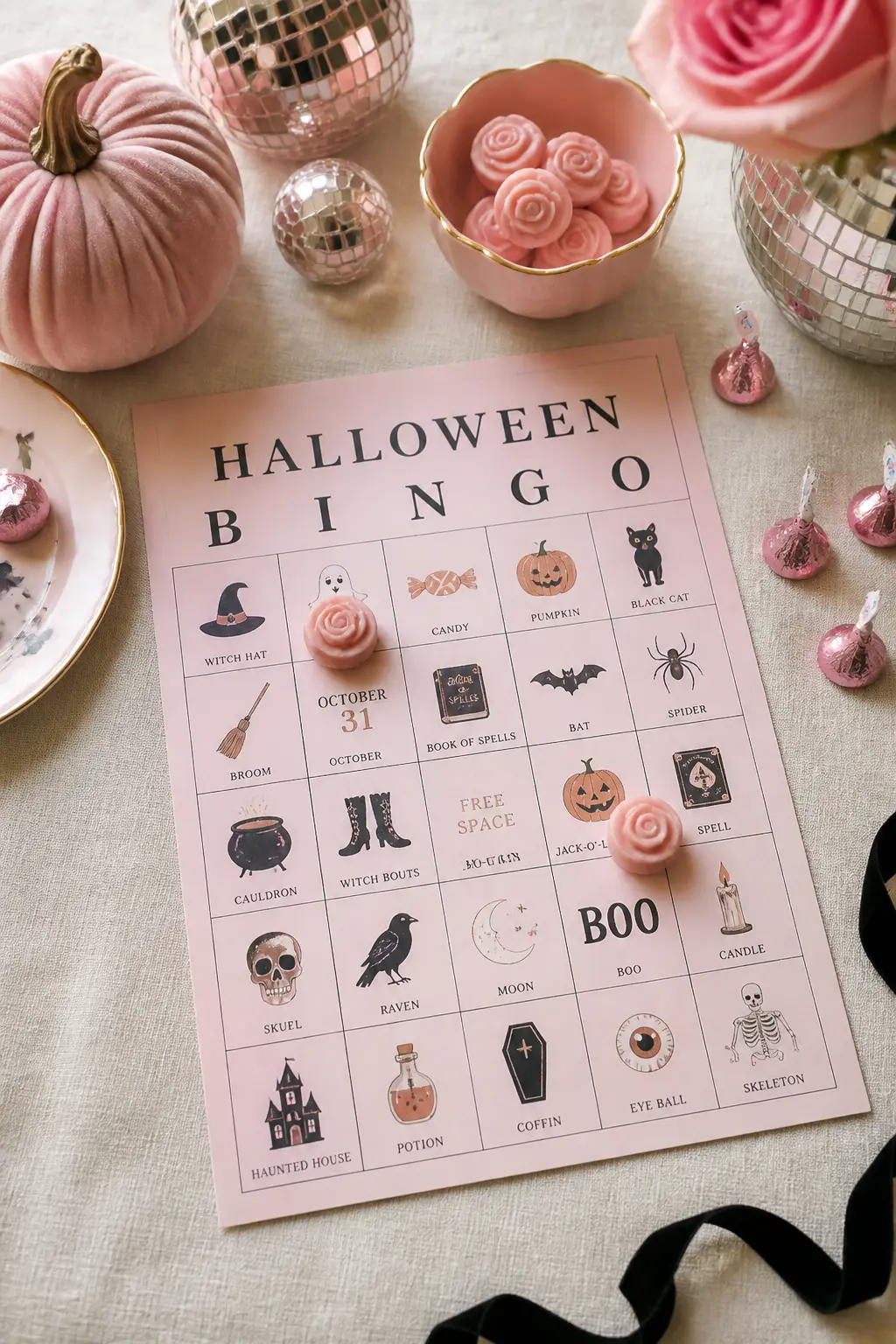 Halloween Bingo with Pink Cards — Print bingo cards in blush pink with Halloween icons in the squares, pumpkins, bats, potions, black cats, moons. Pink