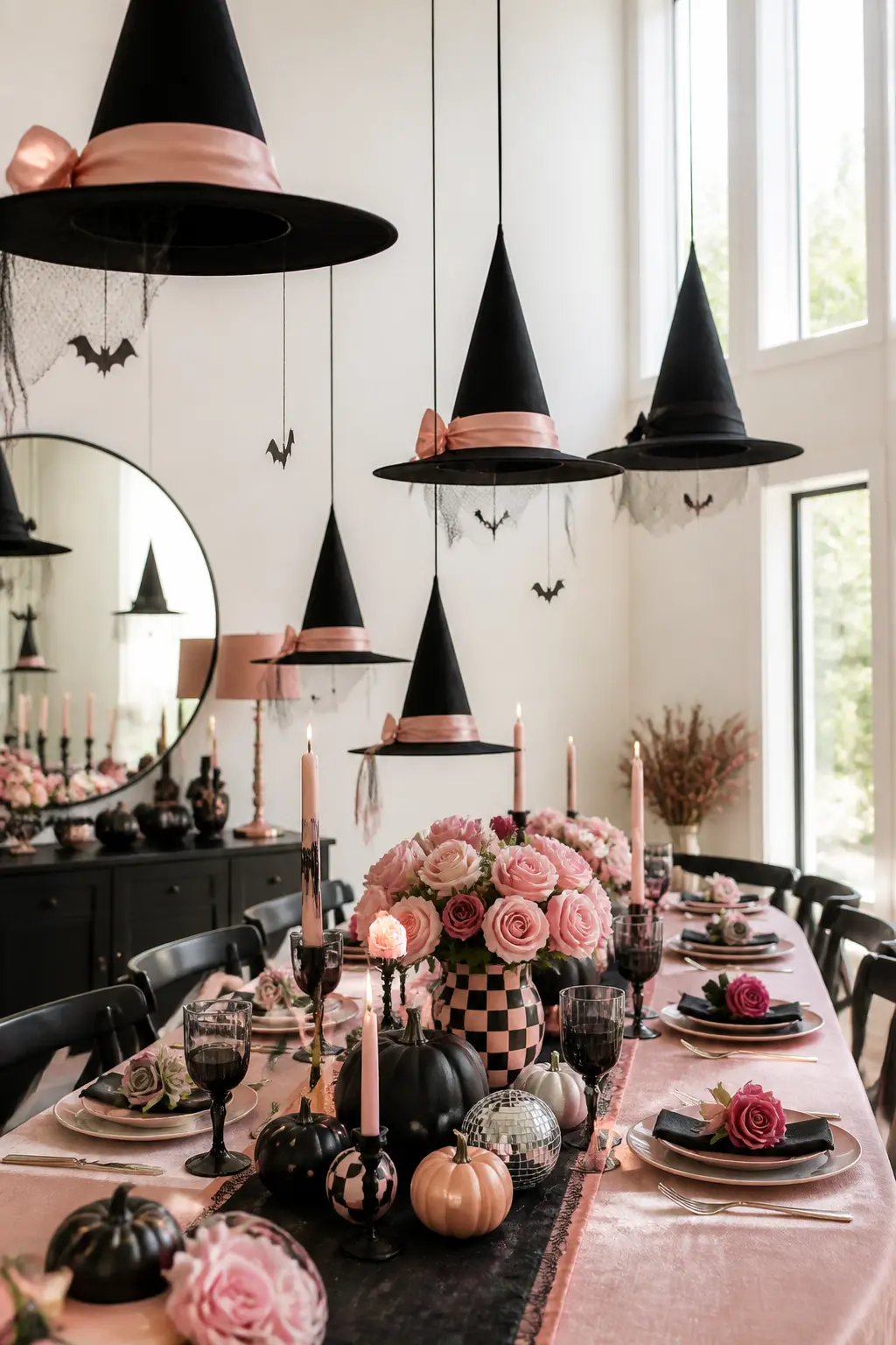 Hanging Witch Hat Chandelier — Suspend five or seven black witch hats at varying heights above a dining table using clear fishing line tied to a curtain rod or