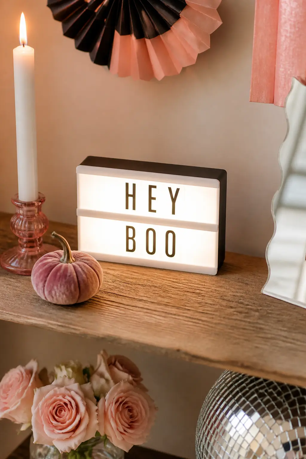"Hey Boo" Lightbox Sign — A small A4 or A5 lightbox with changeable letters sits on a shelf, a mantel or the drinks station and costs under thirty dollars.