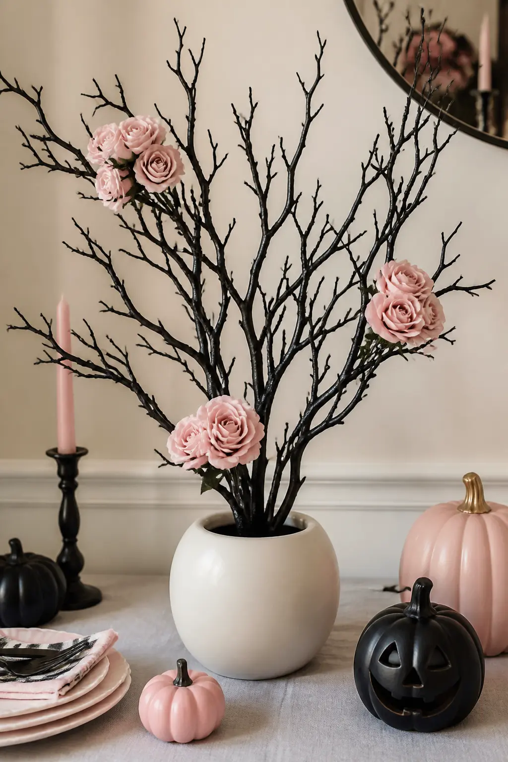 Manzanita Branch and Blush Rose Centrepiece — A black-painted manzanita branch in a white or blush ceramic pot makes an immediate centrepiece that reads as