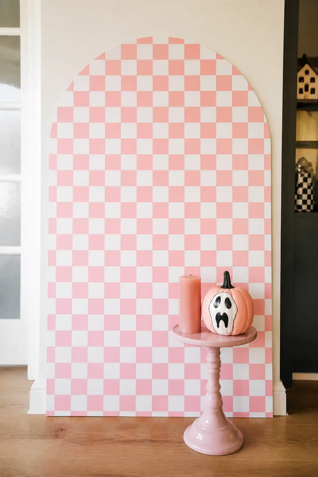 Pink Checkered Arch Backdrop Panel — A large arch-shaped panel covered in pink and white checker print makes the strongest single photo backdrop for this