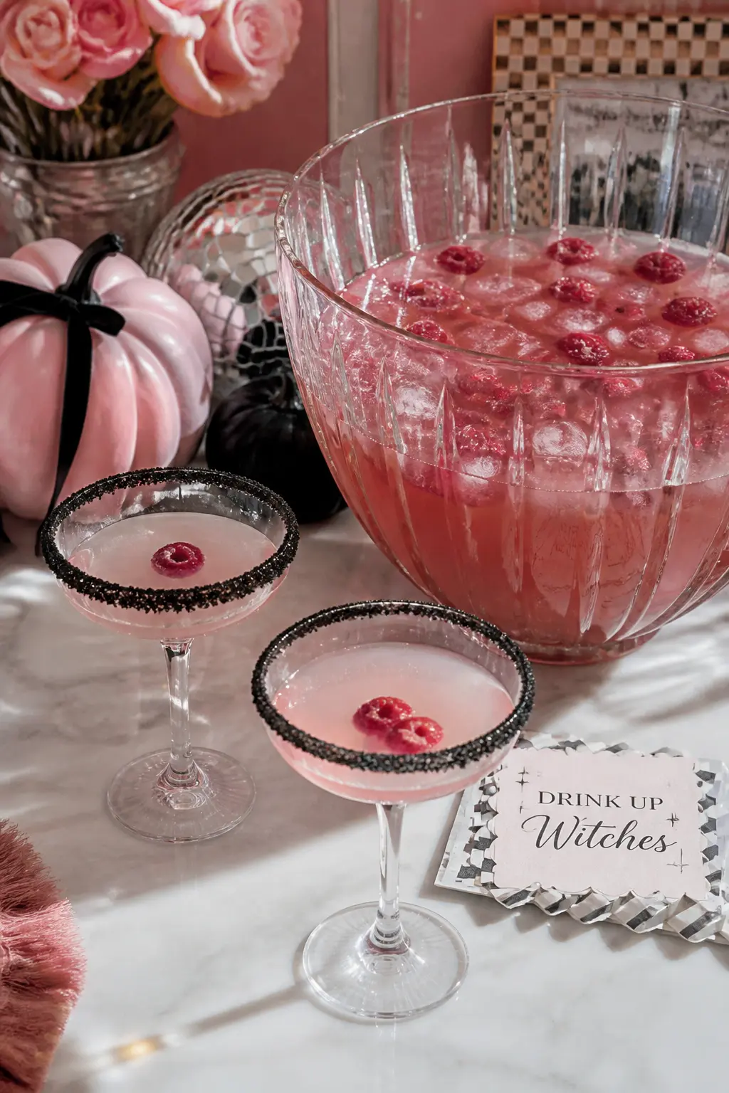 Pink Lemonade Punch with Black Sugar Rim — Combine pink lemonade, rose wine, a splash of elderflower cordial and frozen raspberries in a wide glass punch bowl.