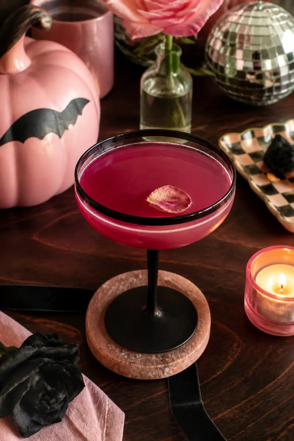 Rose and Black Velvet Cocktail — A rose velvet cocktail uses rose wine or rose vodka, black cherry juice and a squeeze of lemon, shaken over ice and strained
