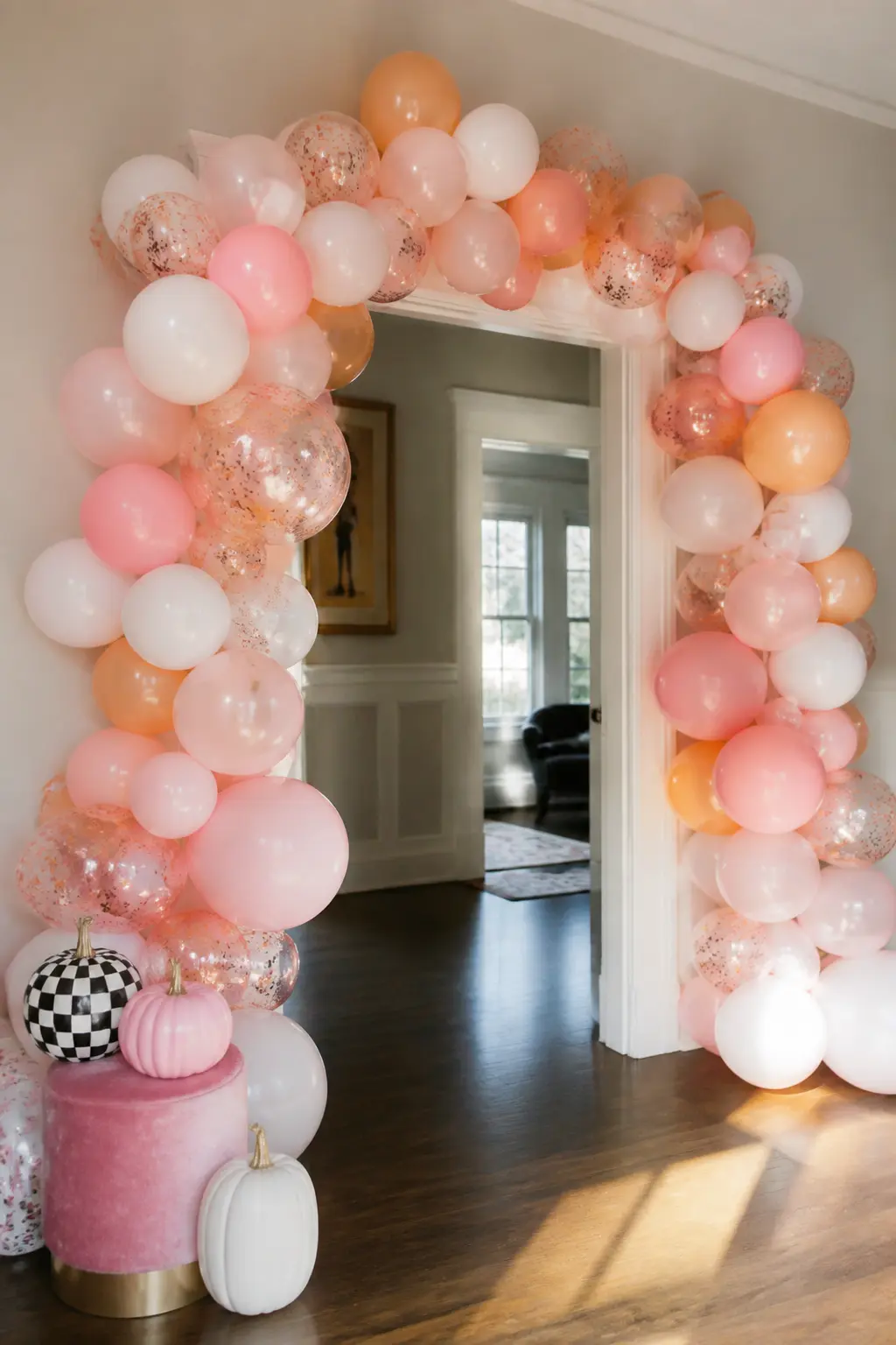 Rose Gold Confetti Balloon Arch — Build an organic balloon arch in blush, white, pale orange and rose gold confetti balloons. Pink halloween