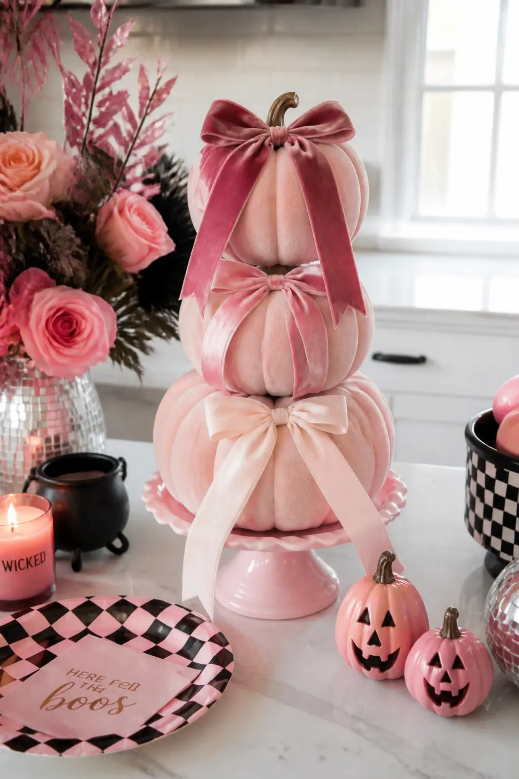 Velvet Ribbon Pumpkin Tower — Stack three foam pumpkins, largest at base, on a cake stand and tie a wide velvet ribbon around the stem of each one. Pink