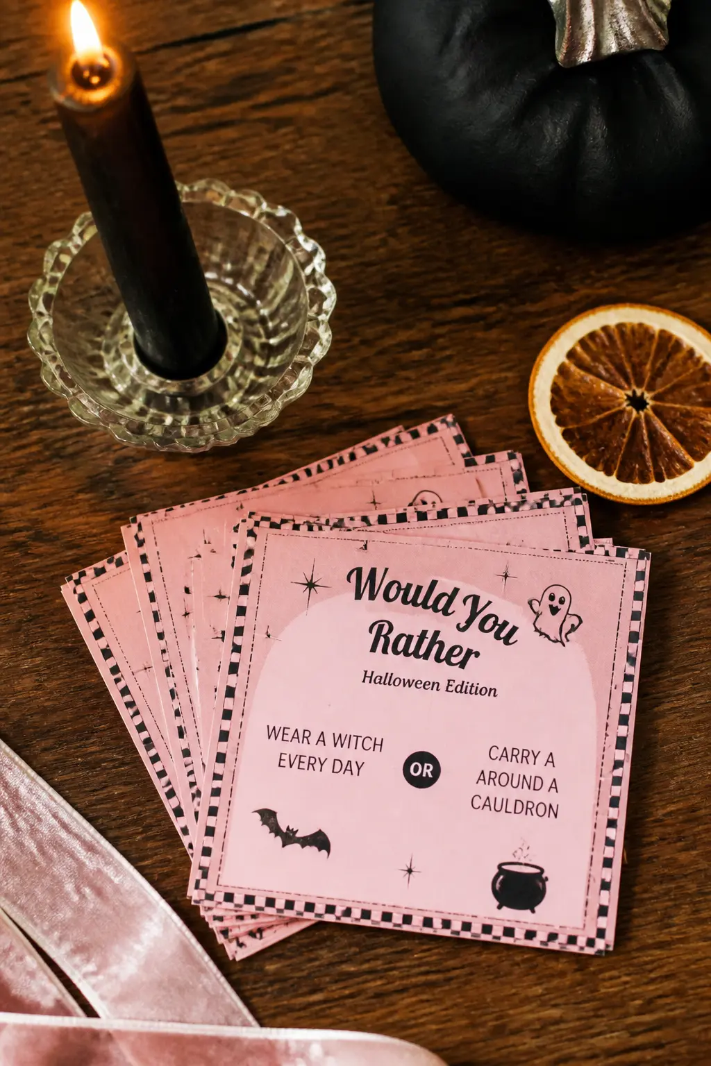 Would You Rather: Halloween Edition — Print or pull up a set of Halloween-themed "Would You Rather" questions and run them as a standing-circle game in the