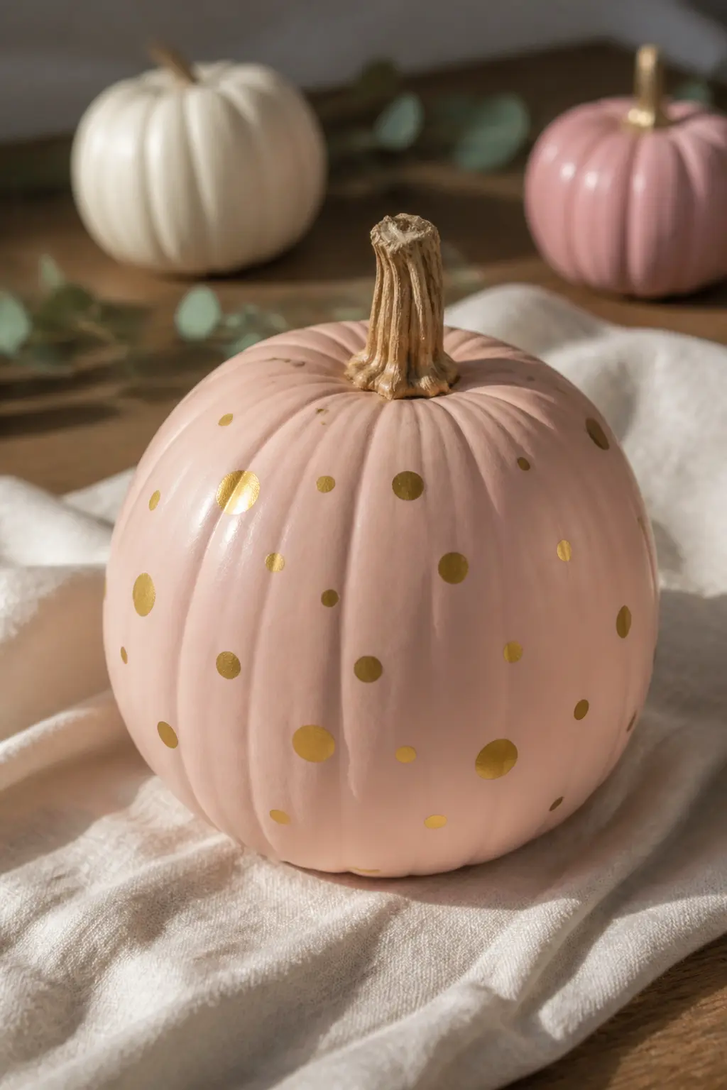 Blush With Gold Dots — Load the blunt end of a paintbrush with gold craft paint and press it straight down onto the dry blush surface to leave a perfect