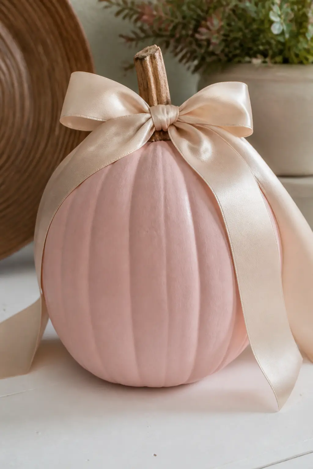Blush With a Satin Bow — Tie a wide satin ribbon in a full bow directly at the stem, keeping the loops generous and the tails long enough to trail down the