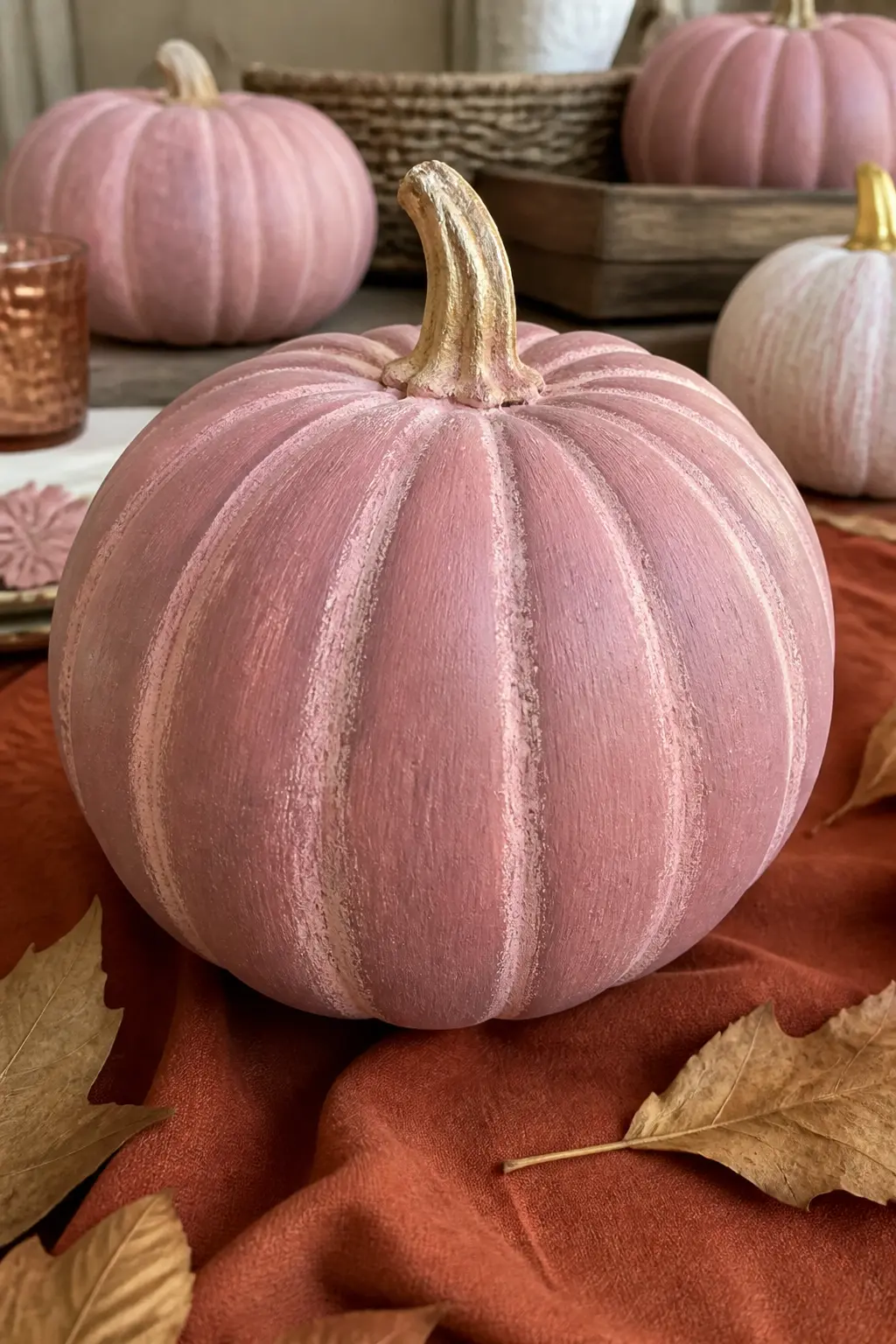 Dusty Rose With Cream Dry-Brushed Ridges — Dry-brushing is the technique that makes a pumpkin look three-dimensional rather than spray-can flat. Pink painted
