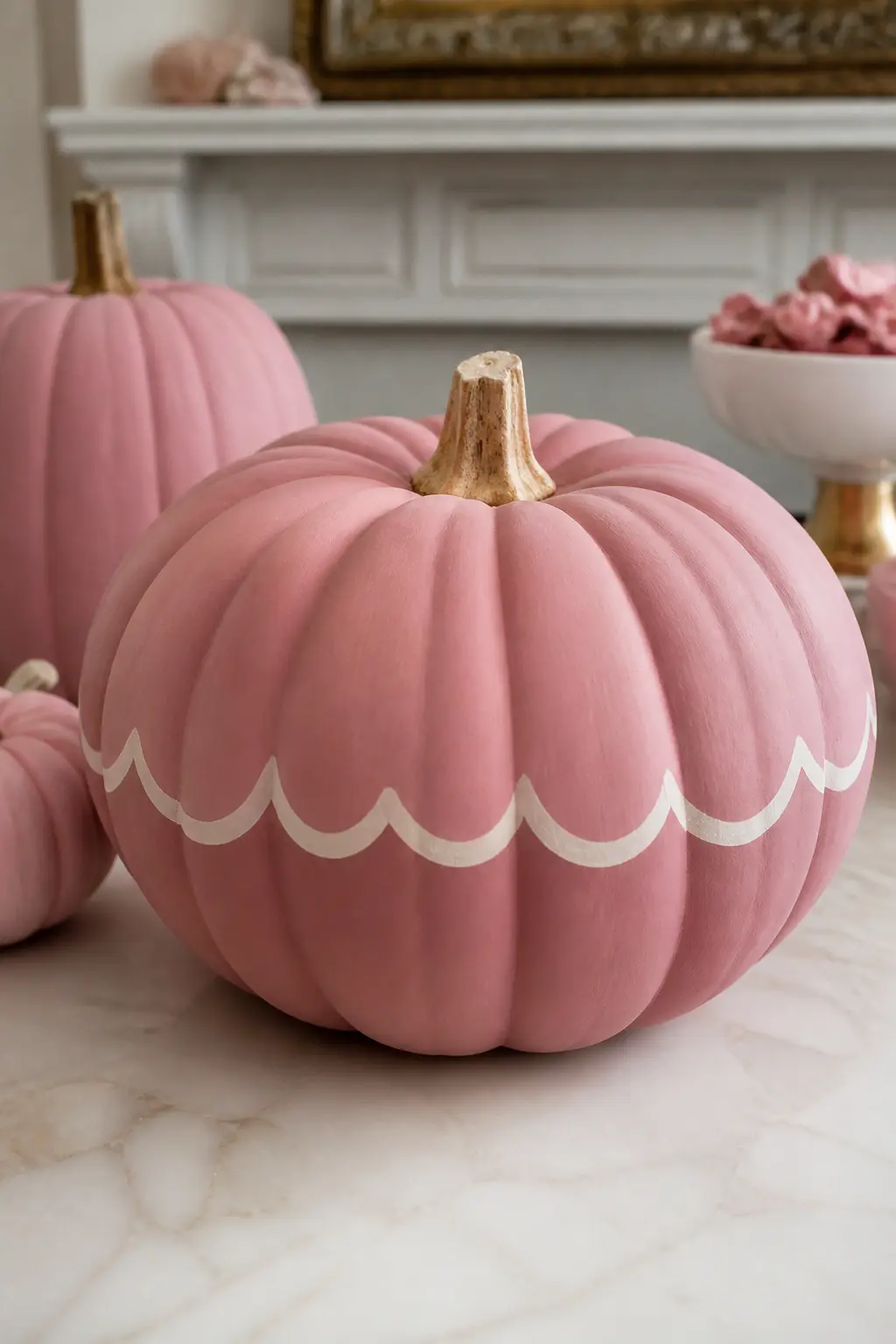 Dusty Rose With a Scalloped Edge — Mark a horizontal line around the centre of the pumpkin with a chalk pencil, then freehand a scallop (a repeating curved