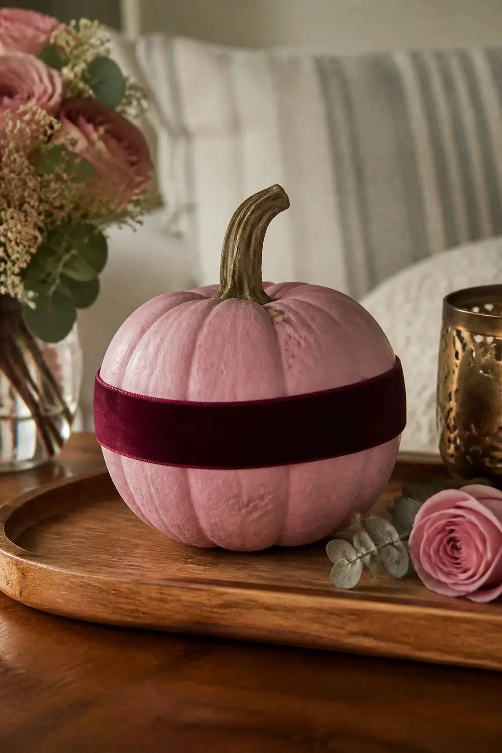 Dusty Rose With a Velvet Ribbon — Wrap a length of velvet ribbon in a single horizontal band around the widest point of the pumpkin, tucking the ends neatly
