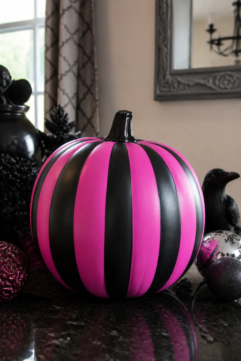 Hot Pink With Matte Black Stripes — Hot pink and matte black in equal stripes is the most graphic combination in this collection. Pink painted pumpkin