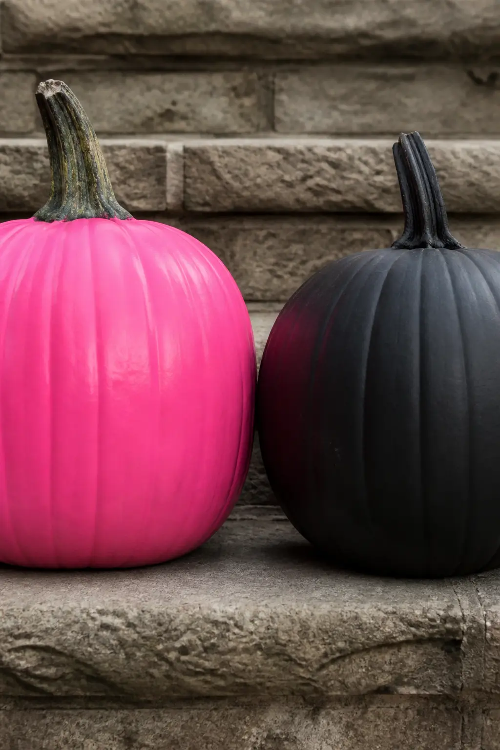 Hot Pink Paired With a Black Pumpkin — Two pumpkins: one hot pink, one matte black, both the same size and shape, placed directly side by side with no gap