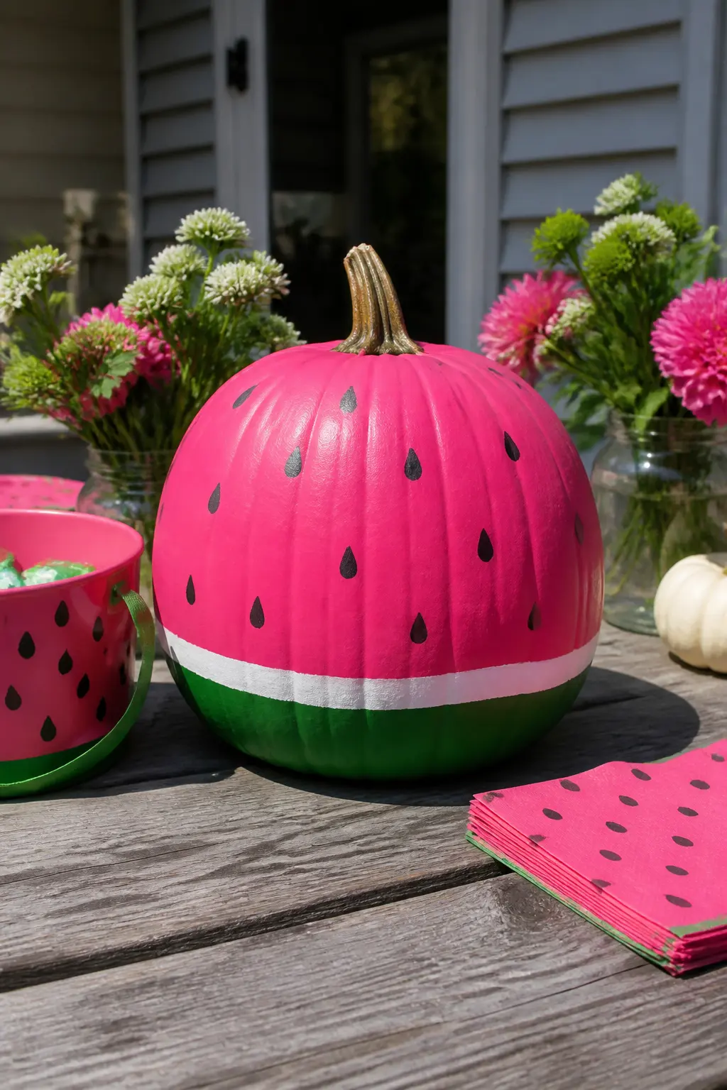 Hot Pink Watermelon Slice — Paint the whole pumpkin hot pink, then add a thin band of white around the base to suggest the rind's white layer, and a wider band