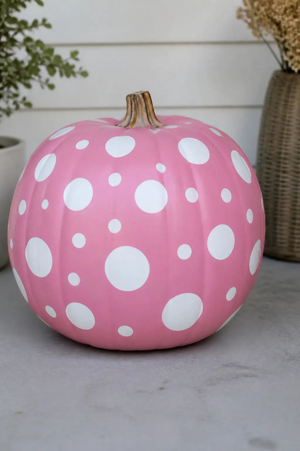 Mid Pink With White Polka Dots — Polka dots in white over mid pink are cheerful in the best way: retro, graphic, immediately readable. Pink painted pumpkin