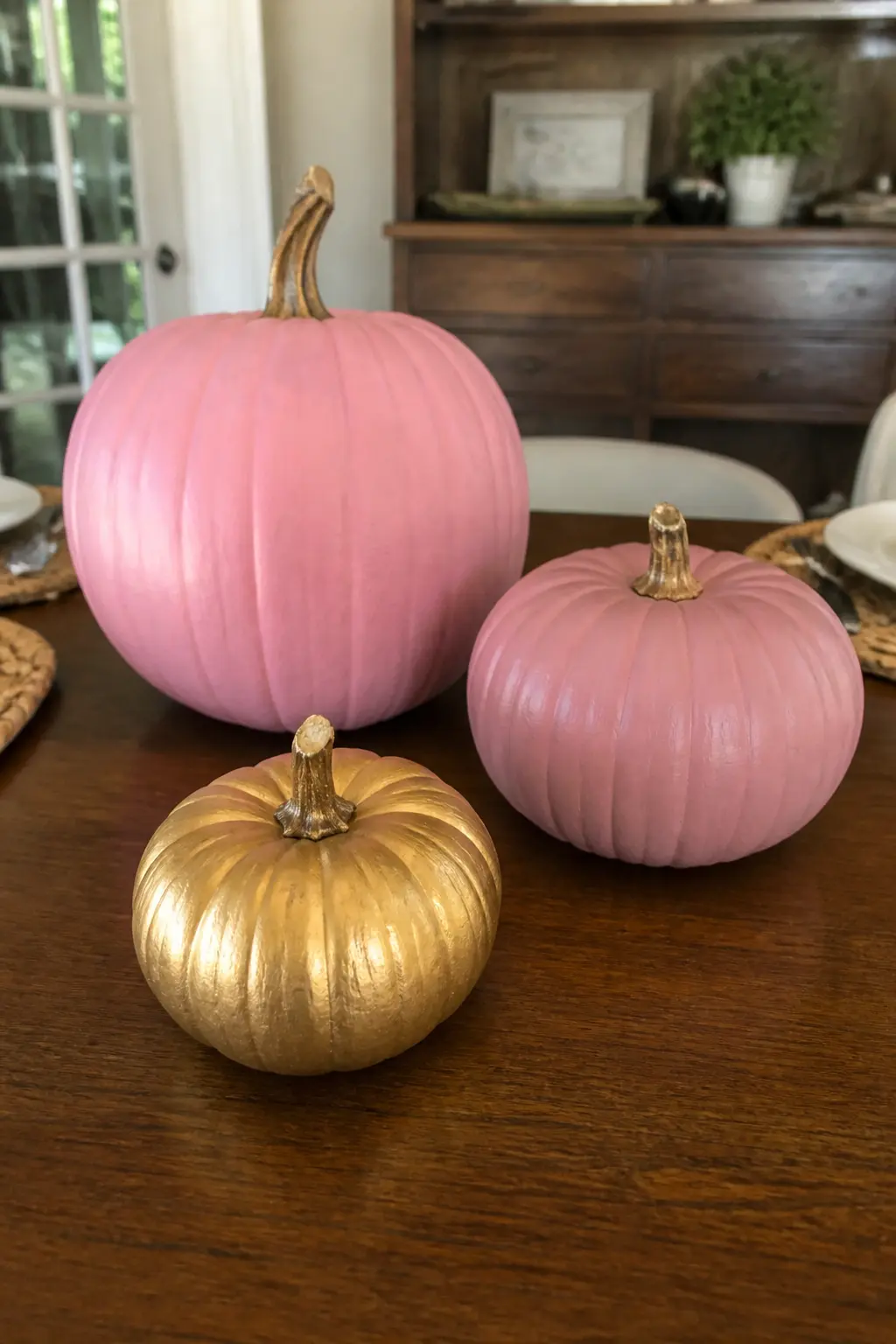 Pink With Gold in Graduated Sizes — A two-colour, three-size set: the large pumpkin in mid pink, the medium in dusty rose, and the smallest in gold paint. Pink