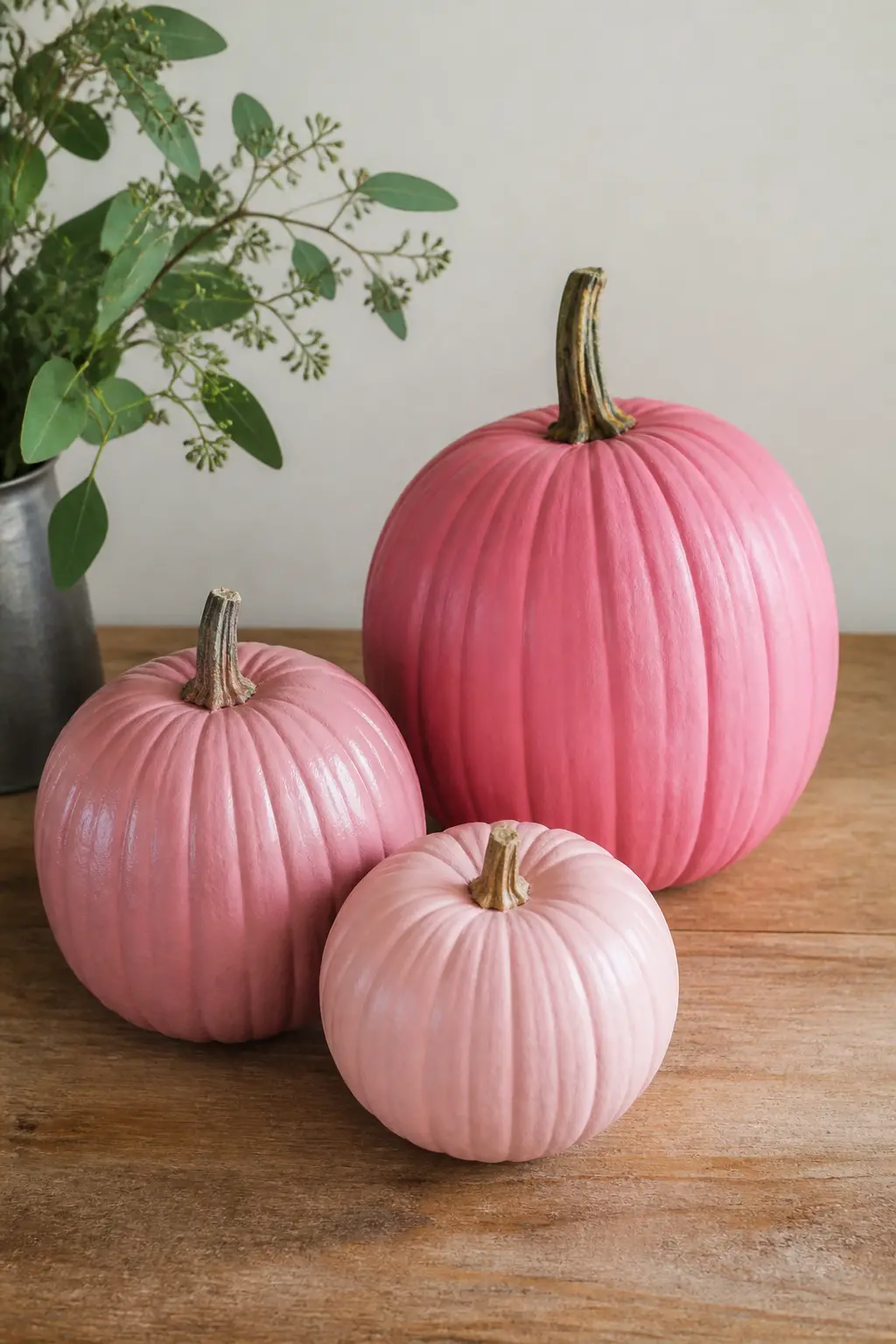 Three Pumpkins in Graduated Pink Shades — Choose three pumpkins in graduated sizes: small, medium and large. Pink painted pumpkin