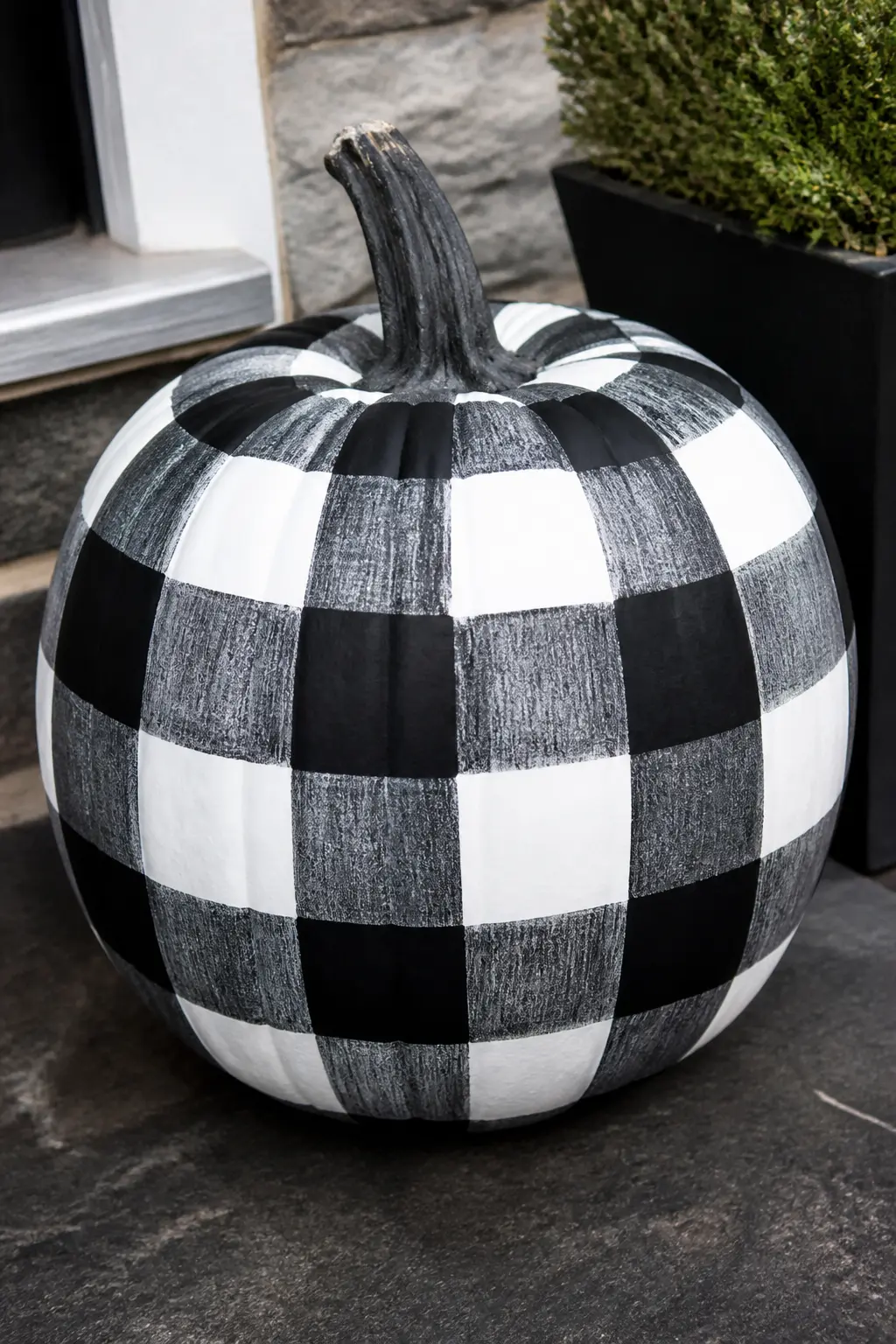Black and White Buffalo Check on a White Pumpkin — Graphic and high-contrast. Plaid painted pumpkin