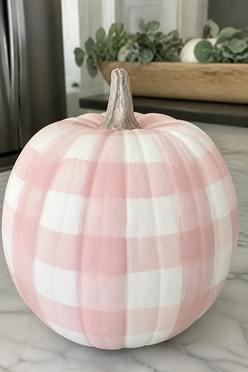 Blush and White Buffalo Check on a White Pumpkin — Blush on white is the lightest, most minimal of the buffalo check options. Plaid painted pumpkin