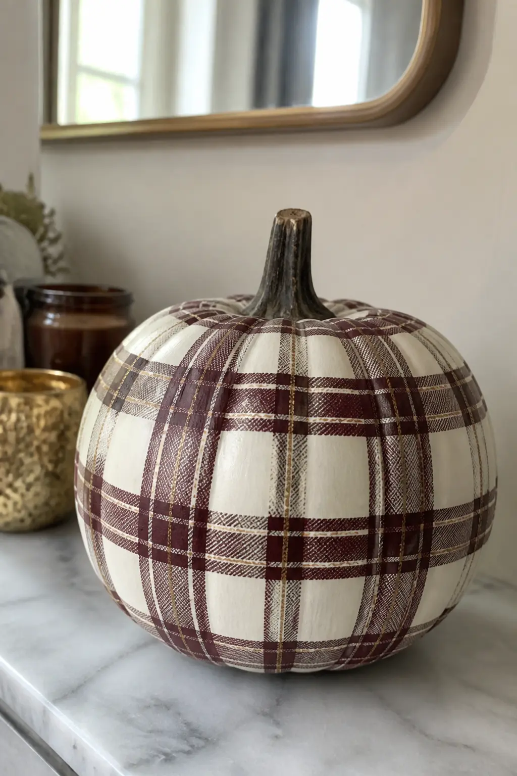 Burgundy and Cream Tartan With Gold on a White Pumpkin — Burgundy and cream is a classic winter tartan palette, but on a pumpkin it reads as late autumn rather