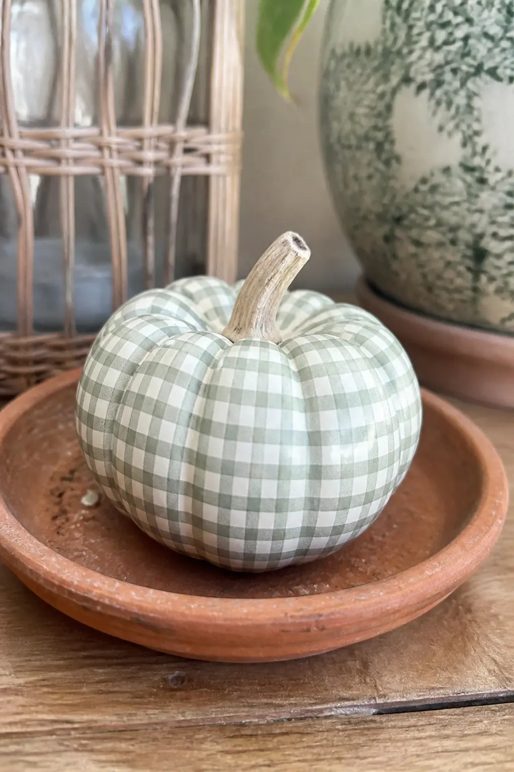 Fine Sage Gingham on a Painted Mini Pumpkin — A mini pumpkin in fine sage gingham looks like a scrap of French fabric wrapped around a pumpkin. Plaid painted