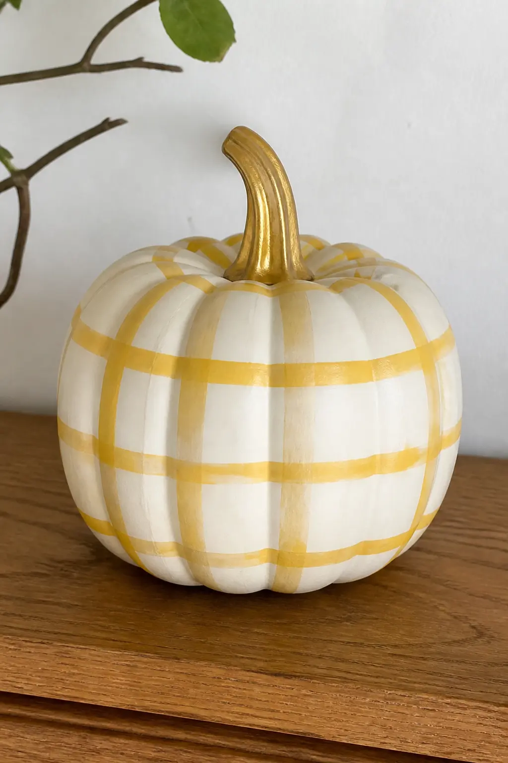 Mustard and Cream Check With a Gold Stem on a Cream Pumpkin — Mustard on cream is low-contrast and warm, which gives this pumpkin a vintage, almost