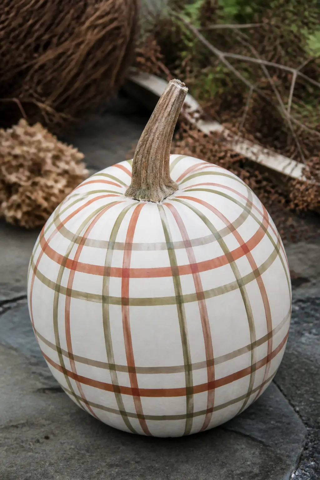 Muted Autumn Tartan in Olive, Rust and Sand on a White Pumpkin — Olive, rust and sand are three colours that live easily together because they are all pulled
